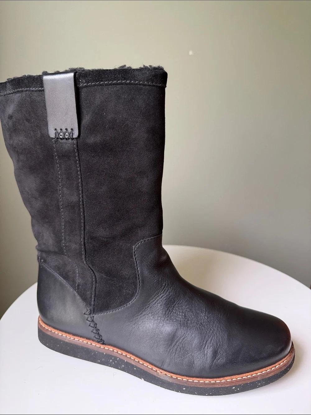 Clarks Click Enfield Black Leather & Suede Faux Fur Lined Winter Boots Women’s 9